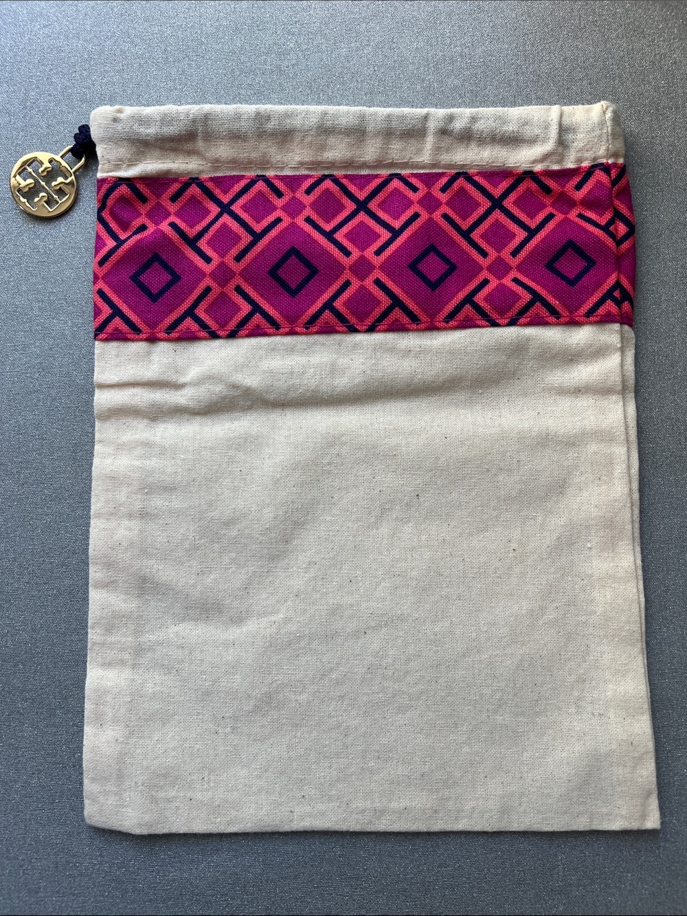 Tory Burch | Natural Canvas Dust Bag Pink & Navy Geometric Trim Size 6.5” x 8.5”